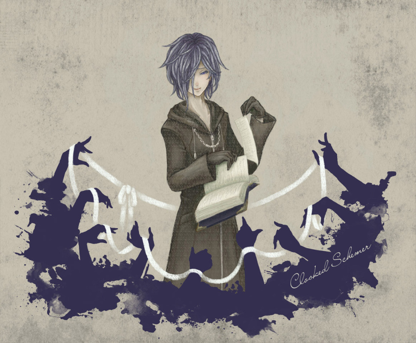 1boy, blue_eyes, blue_hair, book, cloak, gloves, hair_over_one_eye, kingdom_hearts