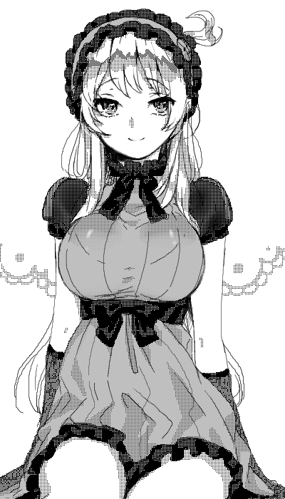 1girl, breasts, julion_(akesuzu), large_breasts, long_hair, looking_at_viewer, monochrome, simple_background