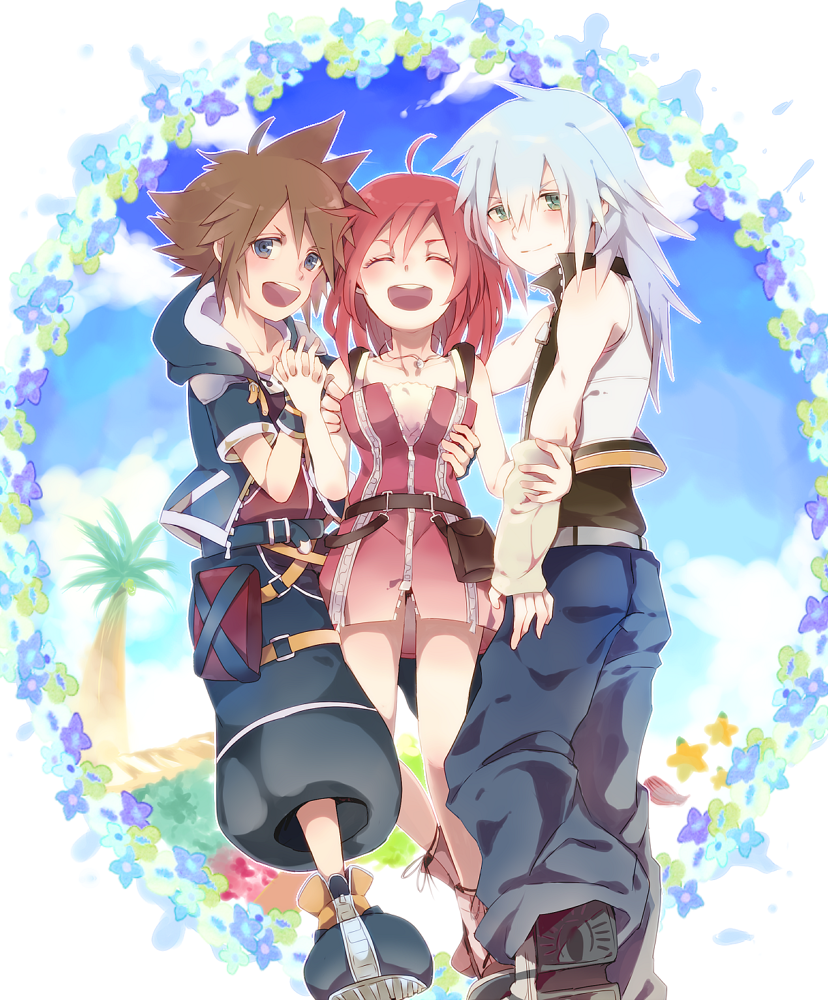 1girl, 2boys, ahoge, blue_eyes, brown_hair, closed_eyes, fingerless_gloves, gloves
