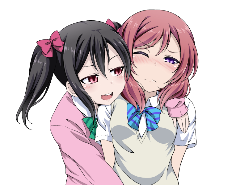 2girls, black_hair, blush, bow, flo, hair_bow, love_live!_school_idol_project, multiple_girls