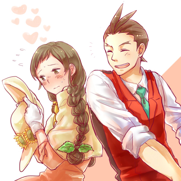 1boy, 1girl, blush, braid, brown_eyes, brown_hair, closed_eyes, embarrassed, flower, flying_sweatdrops, gloves, gyakuten_saiban, gyakuten_saiban_5, hat, hat_removed, headwear_removed, heart, long_hair, morizumi_shinobu, necktie, odoroki_housuke, riio_(ohlychan), shawl, sunflower, twin_braids