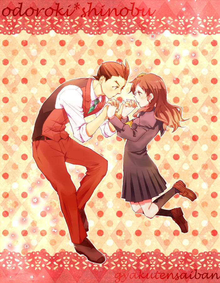 1boy, 1girl, argyle, argyle_background, black_legwear, black_skirt, brown_hair, character_name