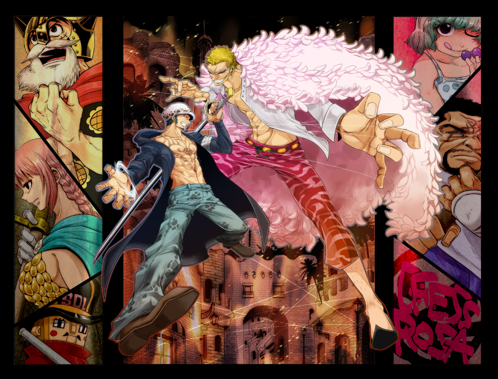 2girls, 5boys, abs, aqua_hair, armor, battle, beard, bikini_armor, black_border, black_hair, blind, blonde_hair, breasts, cape, cityscape, donquixote_doflamingo, earrings, eating, facial_hair, fake_beard, food, foreshortening, fruit, gloves, grapes, grin, hat, helmet, issho_(fujitora), jewelry, katana, licking_lips, long_hair, lucy_(one_piece), monkey_d_luffy, multiple_boys, multiple_girls, one_piece, open_clothes, open_coat, open_shirt, pink_hair, ponytail, rebecca_(one_piece), scar, scar_across_eye, sheath, sheathed, short_hair, sideboob, smile, stitches, string, sugar_(one_piece), sunglasses, sword, tattoo, thunder_soldier, trafalgar_law, uru_(urugio), weapon, wink