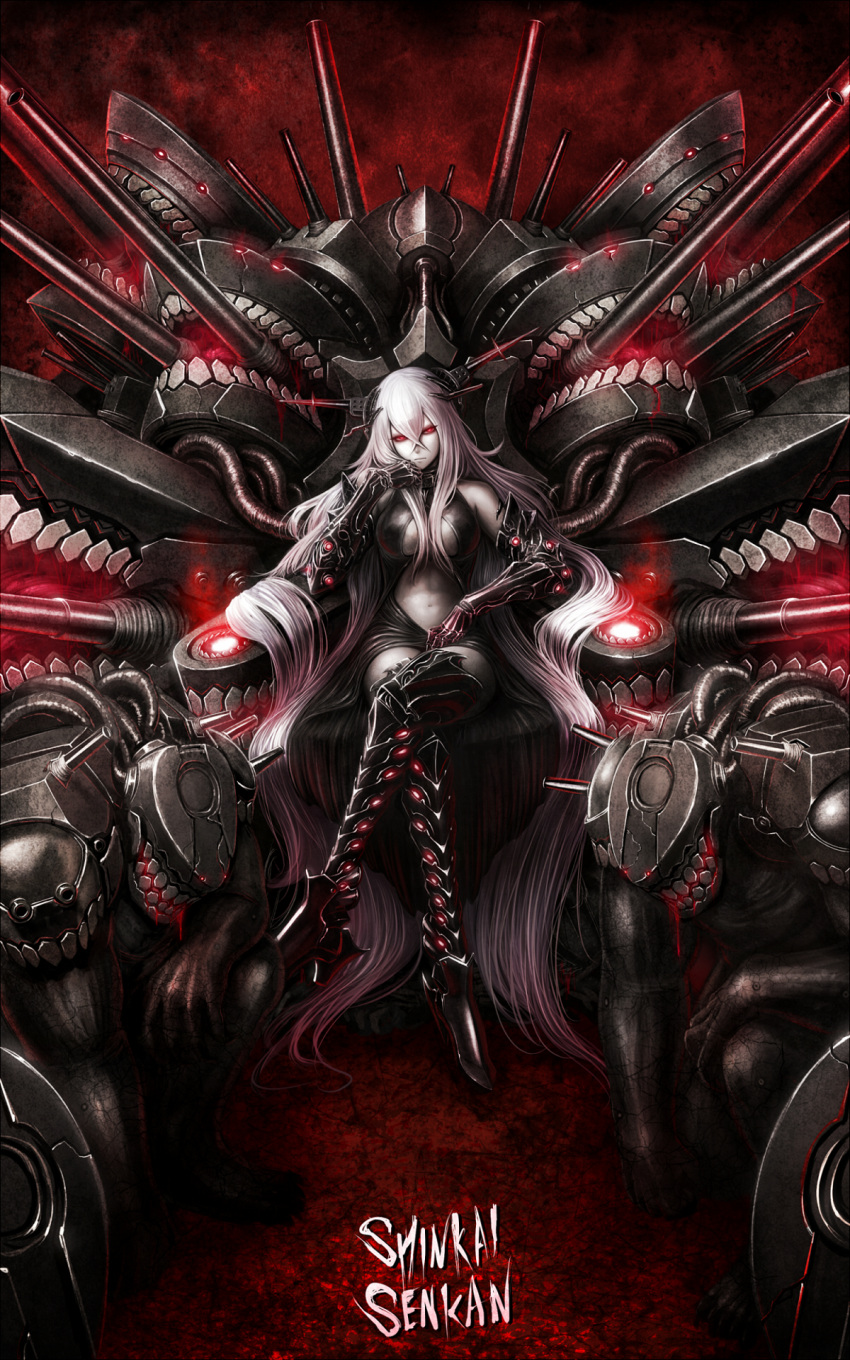 <ro, 1girl, bare_shoulders, breasts, character_request, chin_rest, crossed_legs, gloves, glowing, glowing_eyes, highres, kantai_collection, long_hair, monster, navel, pale_skin, personification, red_eyes, shinkaisei-kan, silver_hair, sitting, solo, thighhighs, very_long_hair