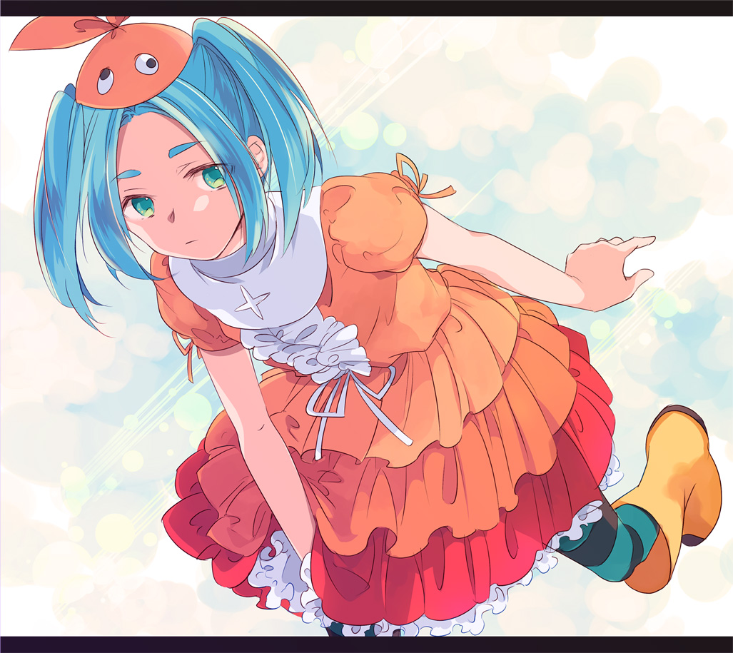 1girl, aqua_hair, boots, dress, eyebrows, green_eyes, hat, long_hair