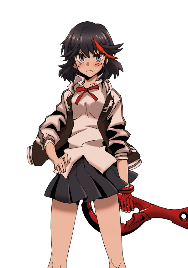 >:(, 1girl, bare_legs, black_hair, blue_eyes, blush, hand_on_hip, kill_la_kill, looking_at_viewer, matoi_ryuuko, multicolored_hair, open_clothes, open_jacket, redhead, scissor_blade, short_hair, single_glove, solo, taketake09190920, two-tone_hair, white_background
