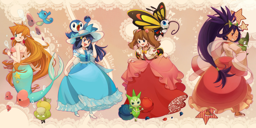 4girls, alternate_costume, axew, beautifly, bikini_top, blue_dress, blue_hair, bowtie, brown_eyes, brown_hair, character_name, crown, dark_skin, dress, earrings, frilled_dress, frills, full_body, grin, hair_bobbles, hair_ornament, hairclip, haruka_(pokemon), hikari_(pokemon), horsea, iris_(pokemon), jewelry, kasumi_(pokemon), long_dress, long_hair, low-tied_long_hair, luvdisc, mermaid_costume, multiple_girls, orange_hair, petals, piplup, poke_ball, pokemon, pokemon_(anime), pokemon_(creature), psyduck, purple_hair, red_dress, rose_petals, roselia, sandals, sasairebun, smile, twintails, very_long_hair, wide_sleeves, wink