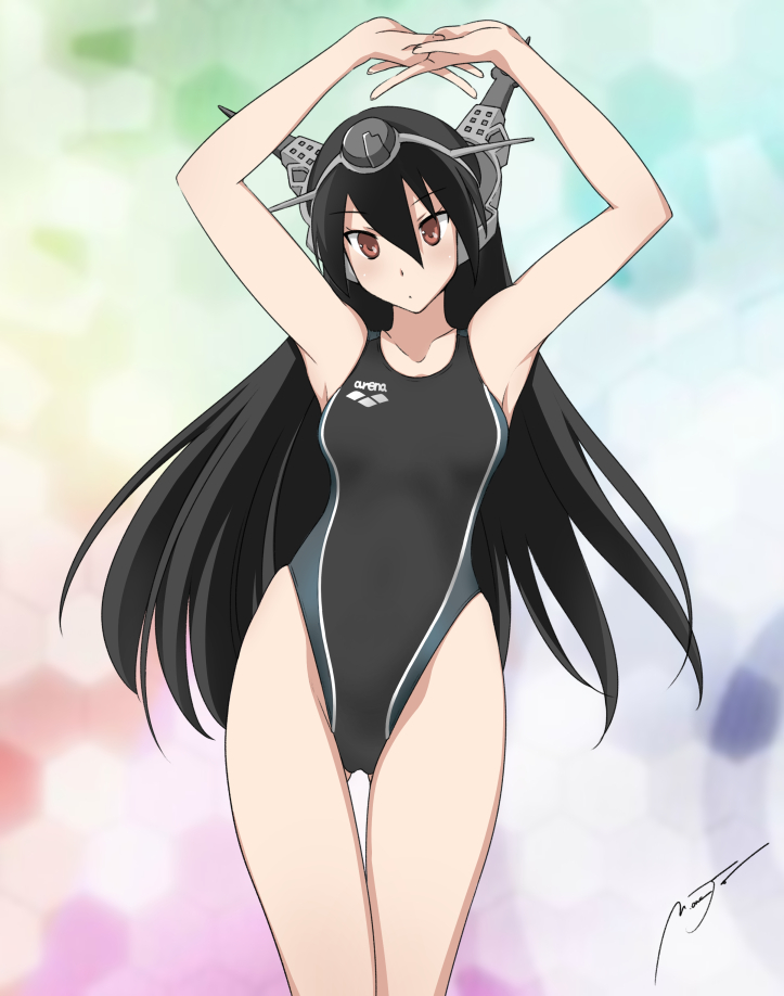 1girl, bare_shoulders, black_hair, blush, breasts, competition_swimsuit, hairband, headgear
