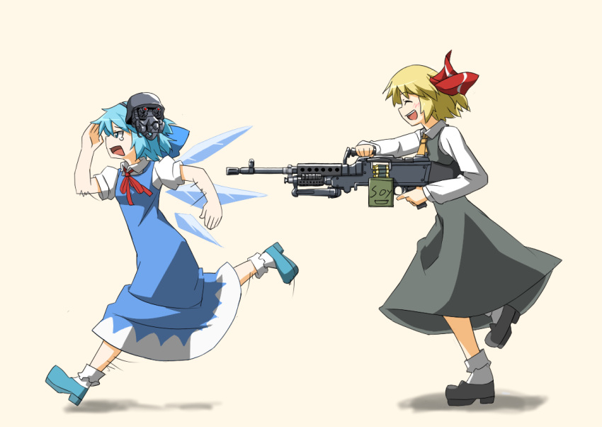 2girls, blonde_hair, cirno, fleeing, fn_minimi, gun, hair_ribbon, hihachi