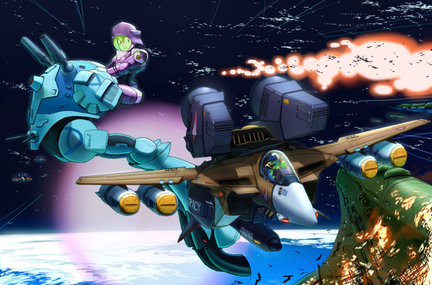 1boy, 1girl, alien, armor, battle, cannon, choujikuu_yousai_macross, clouds