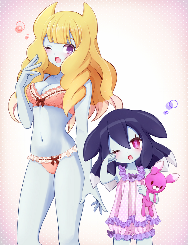 2girls, akk1, blonde_hair, blue_skin, blush, bra, breasts, churuka_potta