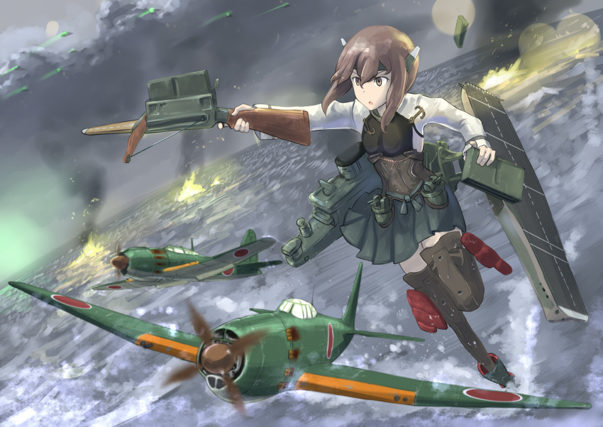 1girl, aa_gun, absurdres, airplane, armor, battle, blush, bow_(weapon)