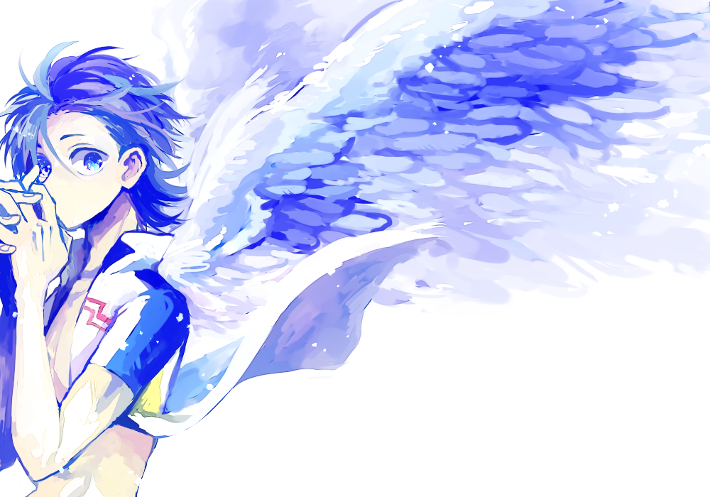 1boy, blue_eyes, blue_hair, hoshiko_(shu-kuri-mu), manami_sangaku, solo, sportswear, wings