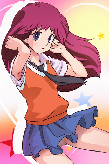 haruyama, hayami_persia, long_hair, mahou_no_yousei_persia, necktie, panties, pantyshot, persia, purple_eyes, purple_hair, red_hair, redhead, skirt, skirt_lift, solo, star, sweater_vest, underwear, violet_eyes, wind_lift