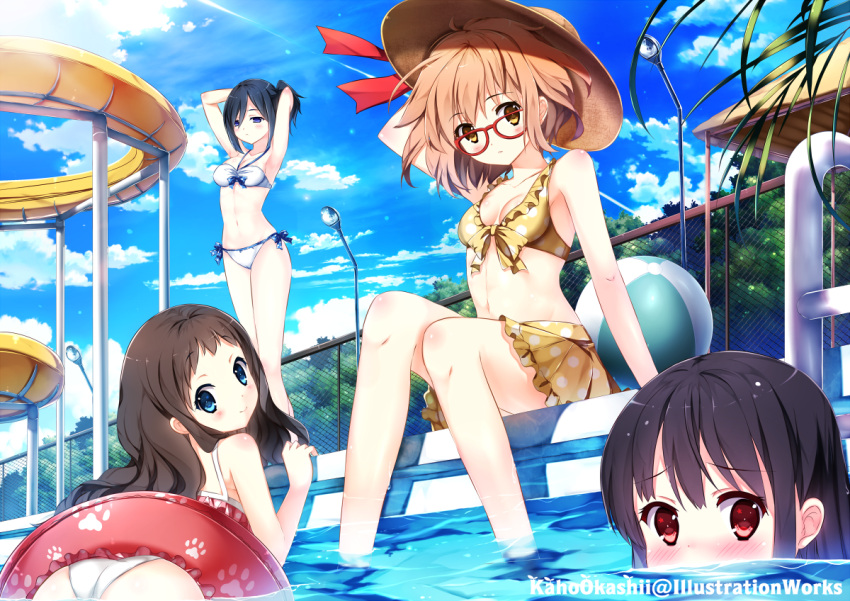4girls, ball, beachball, bikini, bikini_skirt, black_hair, blue_eyes, brown_eyes