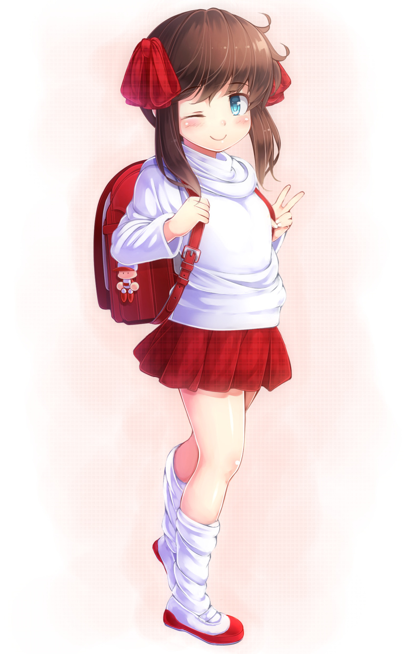 1girl, ;), backpack, bag, blue_eyes, blush, brown_hair, hair_ribbon