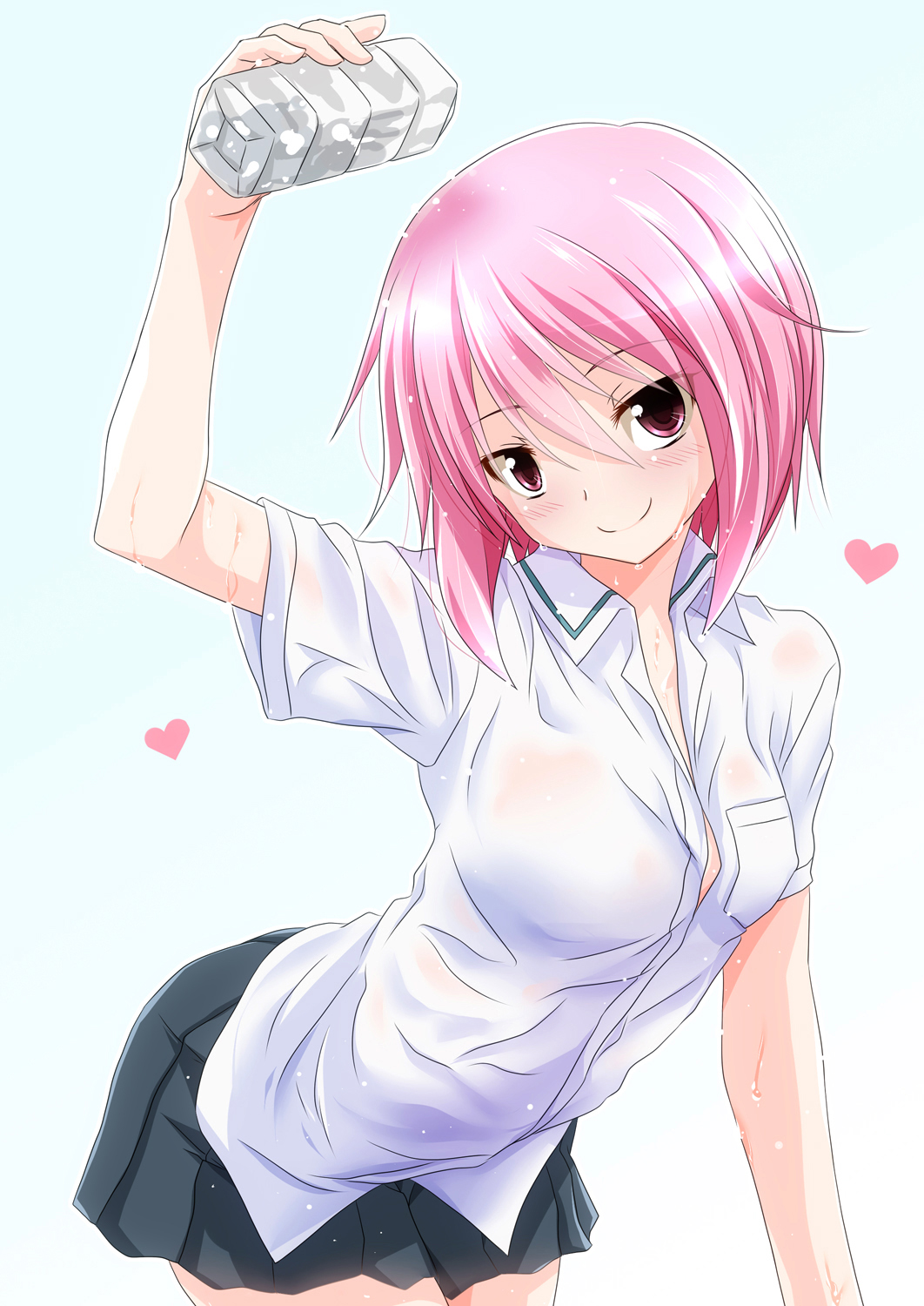 1girl, blush, bottle, d-frag!, heart, highres, mizukami_sakura, pink_eyes