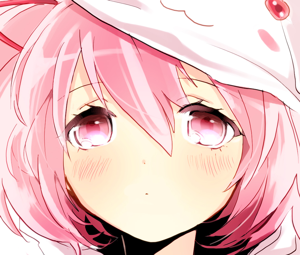 1girl, blush, face, kaname_madoka, kyubey, mahou_shoujo_madoka_magica, pink_eyes, pink_hair