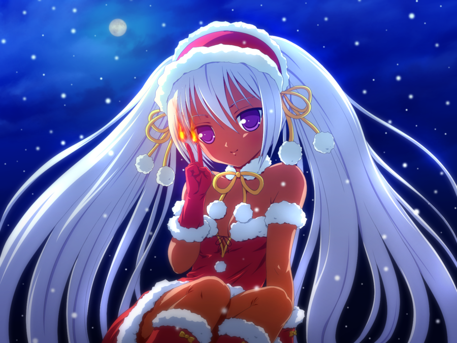 1girl, christmas, dark_skin, fire, moon, silver_hair, snowflakes, violet_eyes