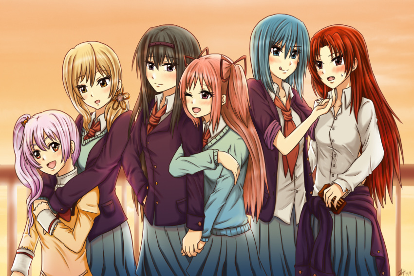 akemi_homura, athyra, black_hair, blue_eyes, blue_hair, blush, hair_ribbon, hairband