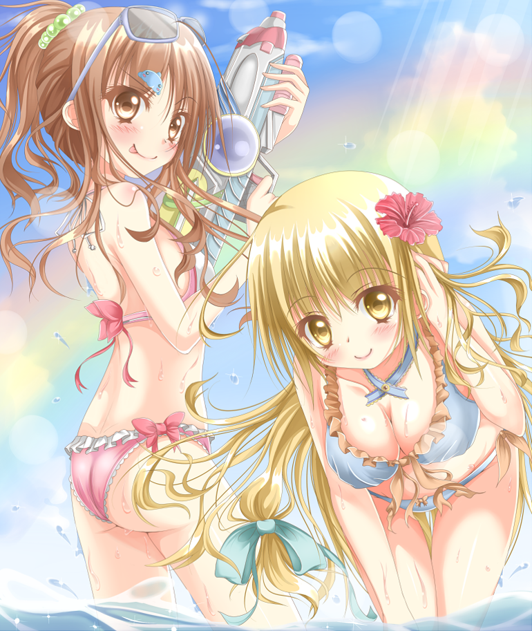 2girls, amagami_rukichi, ass, bikini, blonde_hair, breasts, brown_eyes, brown_hair
