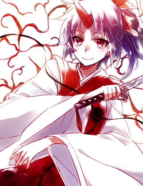 horn, japanese_clothes, katana, konngara, long_hair, ponytail, purple_hair, red_eyes, six_(fnrptal1010), smile, sword, touhou, touhou_(pc-98), weapon, wide_sleeves