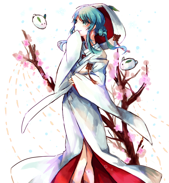 1girl, aqua_eyes, aqua_hair, hatsune_miku, japanese_clothes, kimono, smile, snow_bunny