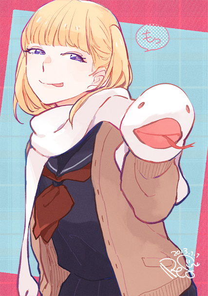 1girl, 2013, :p, blonde_hair, hand_puppet, jacket, peggy_(pixiv9540913), puppet