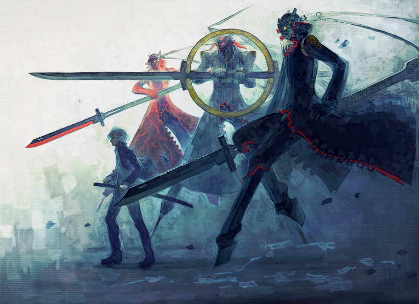 1boy, battoujutsu_stance, double-blade, fighting_stance, gakuran, geta, huge_weapon, izanagi, izanagi_no_okami, katana, magatsu_izanagi, narukami_yuu, persona, persona_4, school_uniform, sword, tengu-geta, wa-zhi, weapon