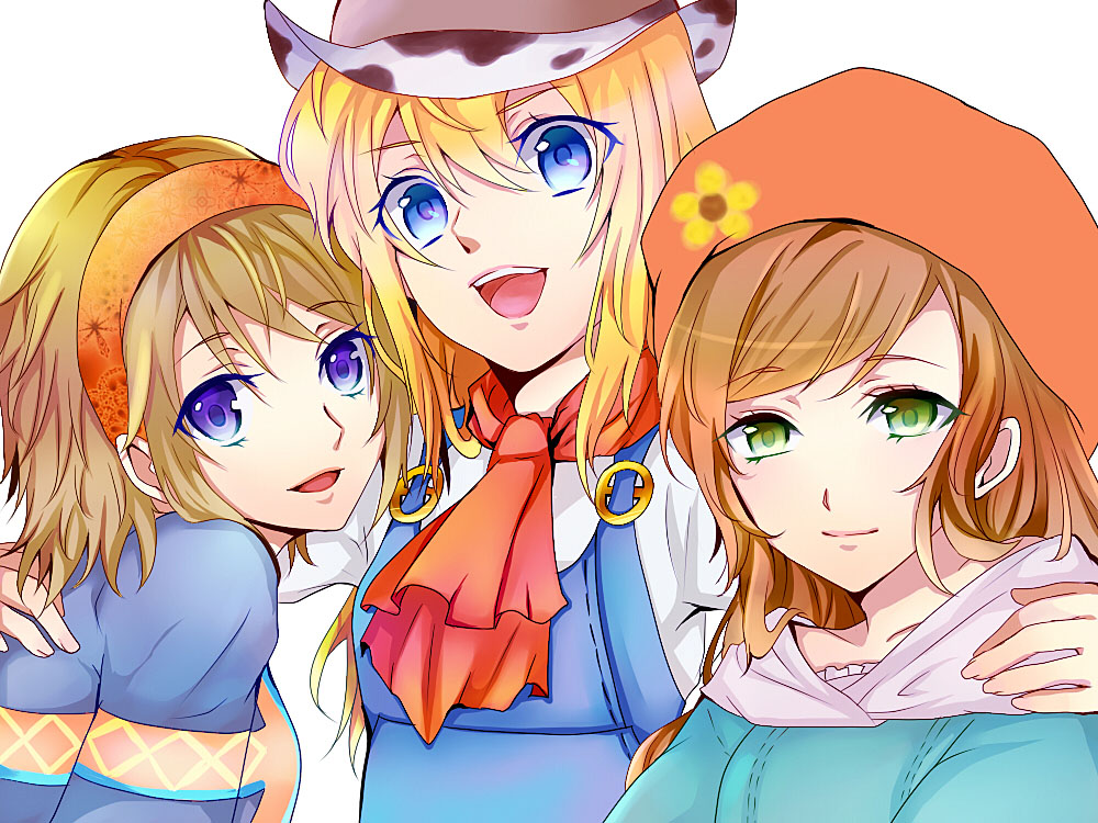 3girls, :d, blonde_hair, blue_eyes, brown_hair, character_request, cowboy_hat, green_eyes