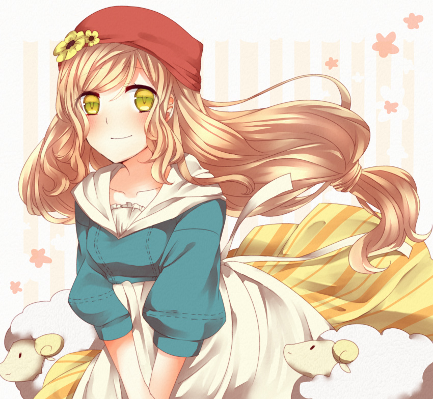 1girl, 904400-9826, apron, blush, brown_hair, flower, green_eyes, harvest_moon