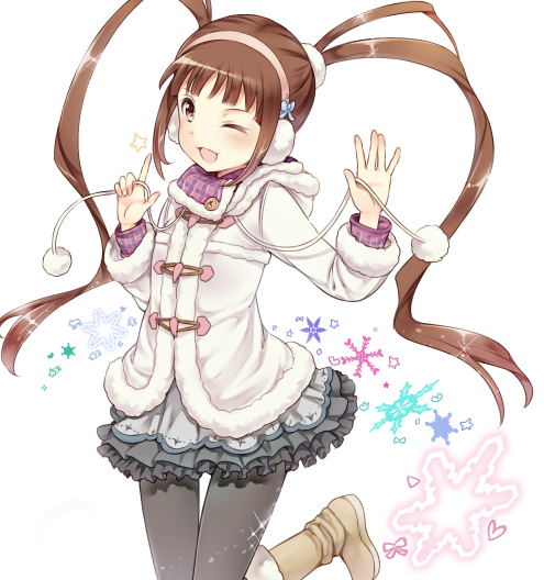 1girl, brown_eyes, brown_hair, contact966, earmuffs, idolmaster, idolmaster_million_live!, long_hair