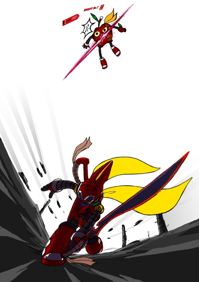 cutting, helmet, kimoto_takenori, mighty_no._7, mighty_no._9, official_art, scarf, scissor_blade