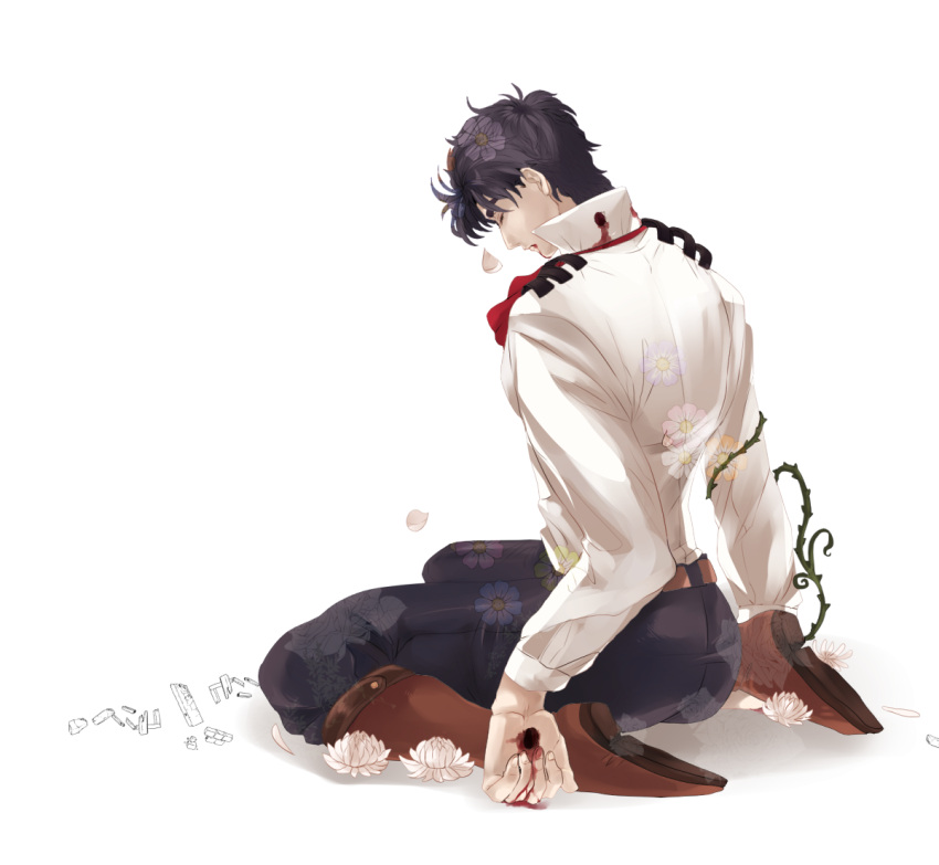 1boy, black_hair, blood, flower, jojo_no_kimyou_na_bouken, jonathan_joestar, kneeling, kyykttk