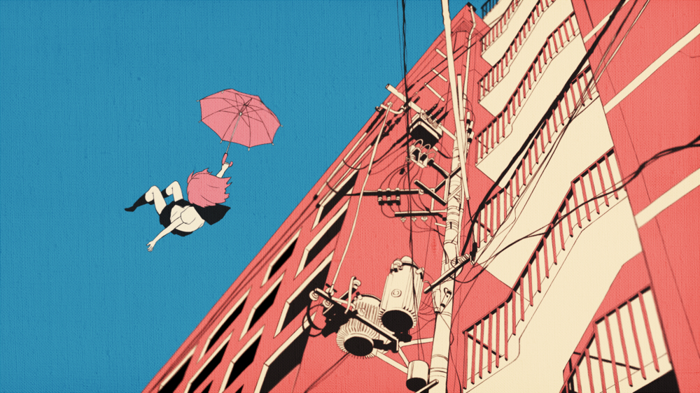 1girl, 456, building, flat_color, from_below, original, school_uniform, serafuku