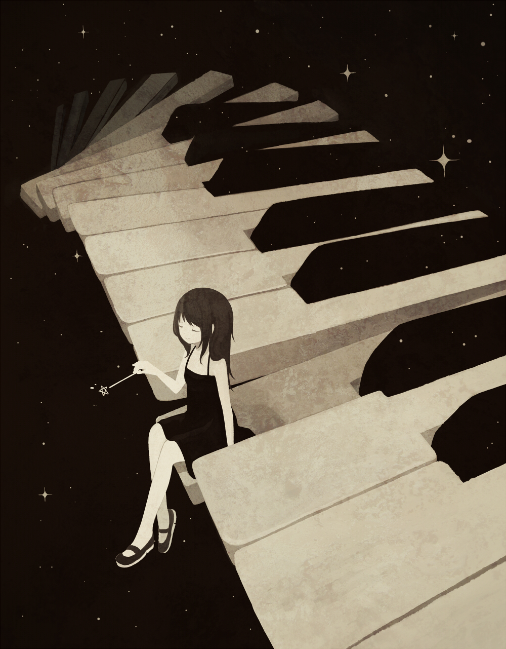 1girl, 456, closed_eyes, dress, highres, instrument, long_hair, mary_janes