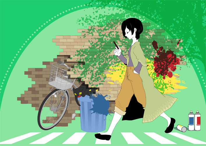 androgynous, bicycle, black_hair, brick_wall, cat, cellphone, closed_eyes, coat