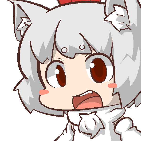 1girl, animal_ears, blush_stickers, fang, hat, inubashiri_momiji, inunoko., red_eyes