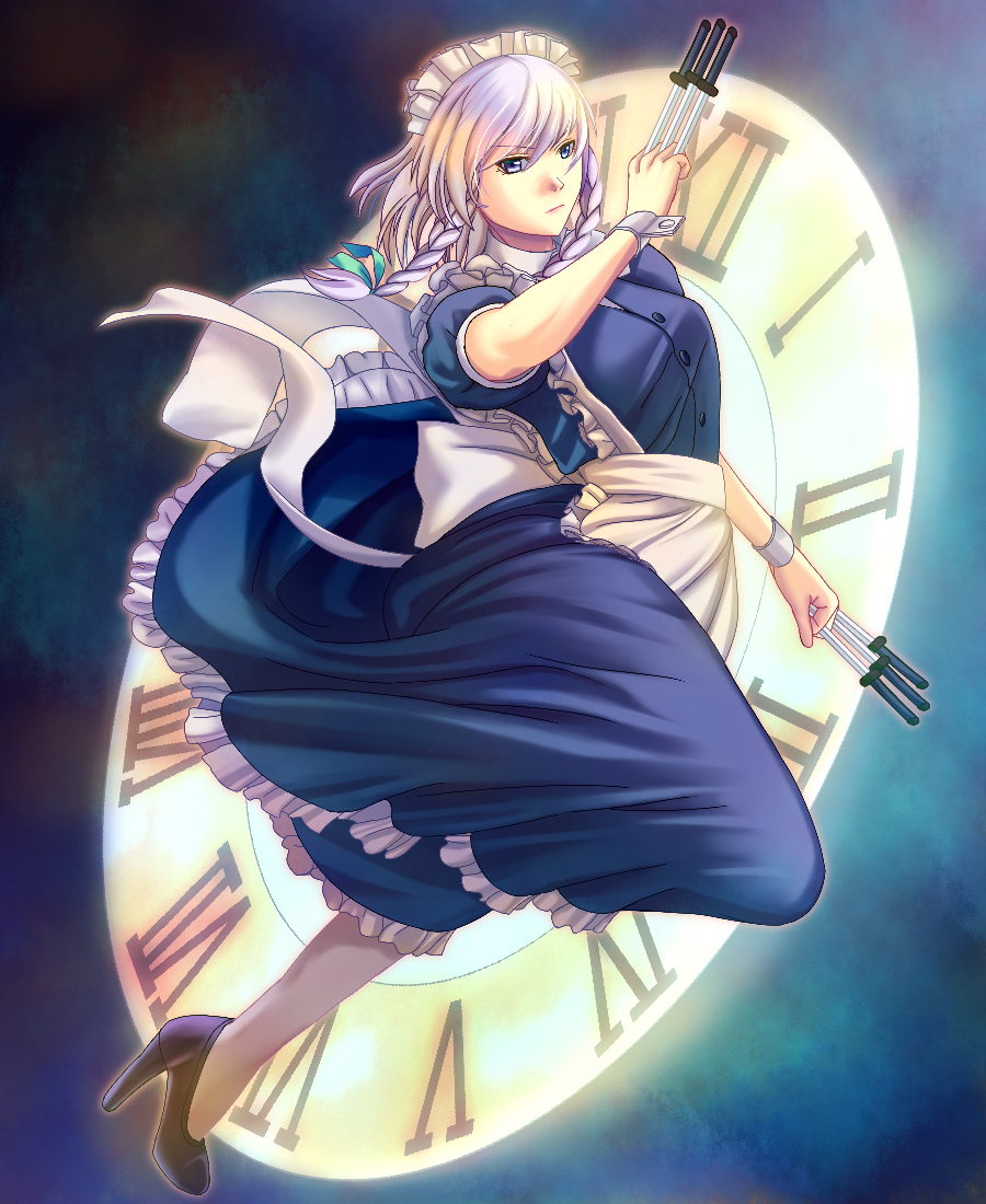 1girl, apron, blue_eyes, braid, clock, dress, dress_shirt, high_heels