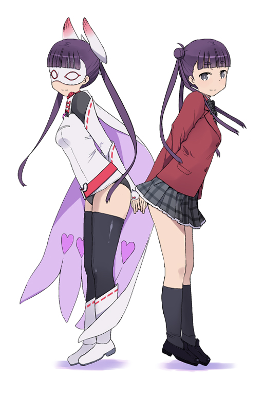 2girls, belt, black_legwear, boots, buruma, cape, double_bun, dual_persona