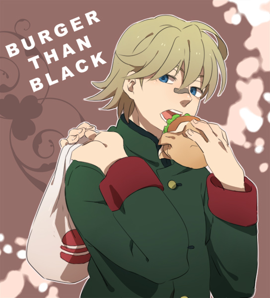 1boy, bag, darker_than_black, eating, food, goran_(darker_than_black), hamburger, male, plastic_bag, solo, tsu