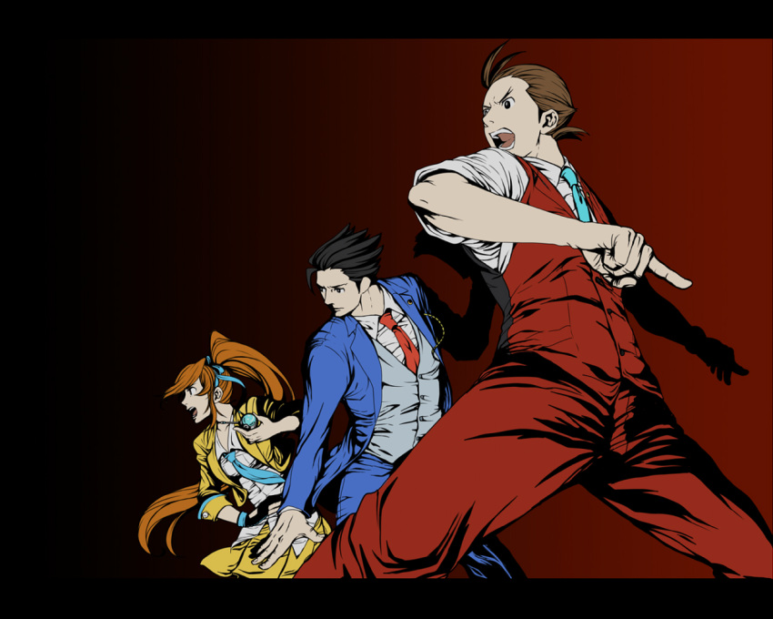 1girl, 2boys, ahoge, aiguillette, black_background, black_hair, brown_hair, formal