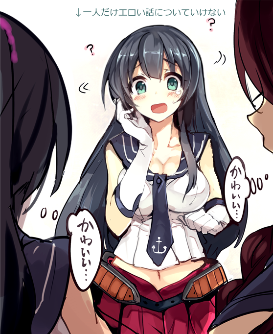 3girls, ?, agano_(kantai_collection), aqua_eyes, black_hair, breasts, brown_hair, gloves
