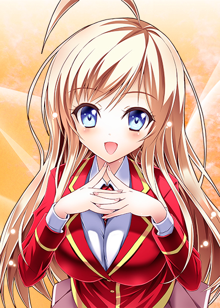 1girl, ahoge, arui_ryou, blazer, blonde_hair, blue_eyes, breasts, chocolat_(noucome)