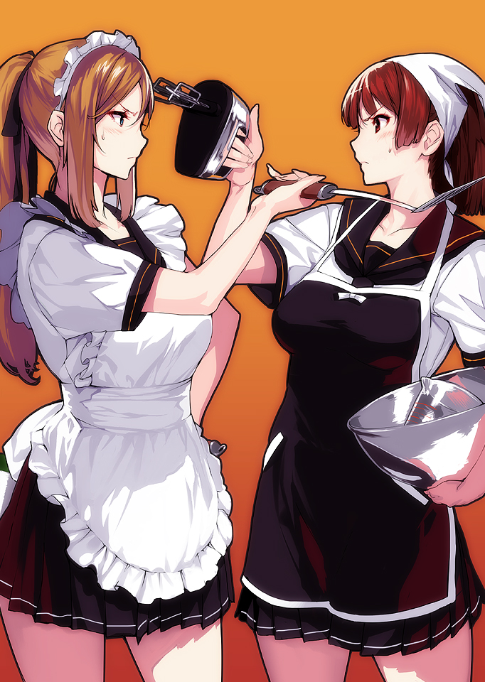 2girls, beaker, blue_eyes, blush, breasts, brown_eyes, brown_hair, electric_mixer