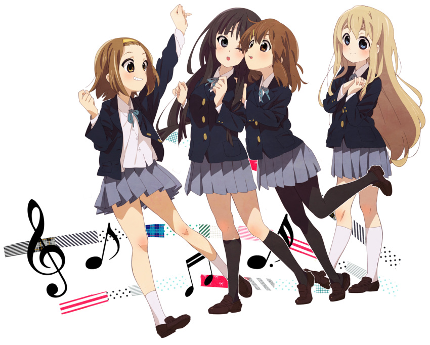 4girls, akiyama_mio, apple-boy, black_eyes, black_hair, blonde_hair, blue_eyes, brown_eyes