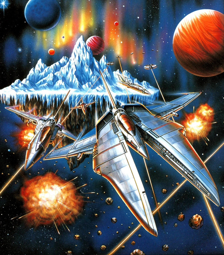 90s, aerial_battle, battle, dogfight, explosion, gradius, gradius_gaiden, highres