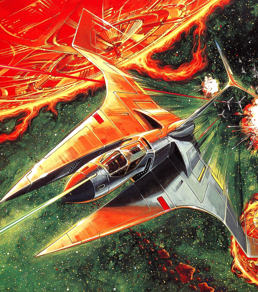 80s, aerial_battle, battle, dogfight, gradius, gradius_ii, highres, konami