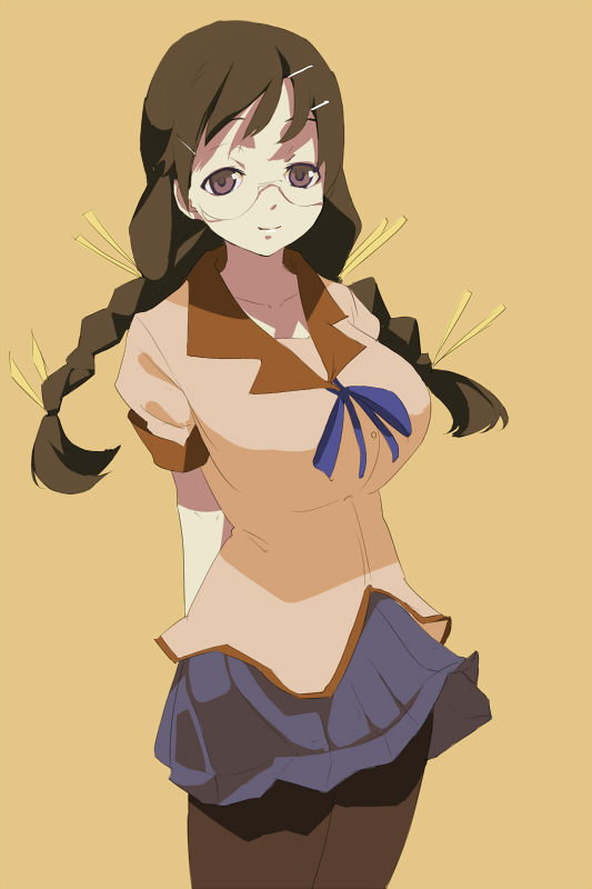 braid, breasts, glasses, hanekawa_tsubasa, kotoba, large_breasts, monogatari_(series), pantyhose
