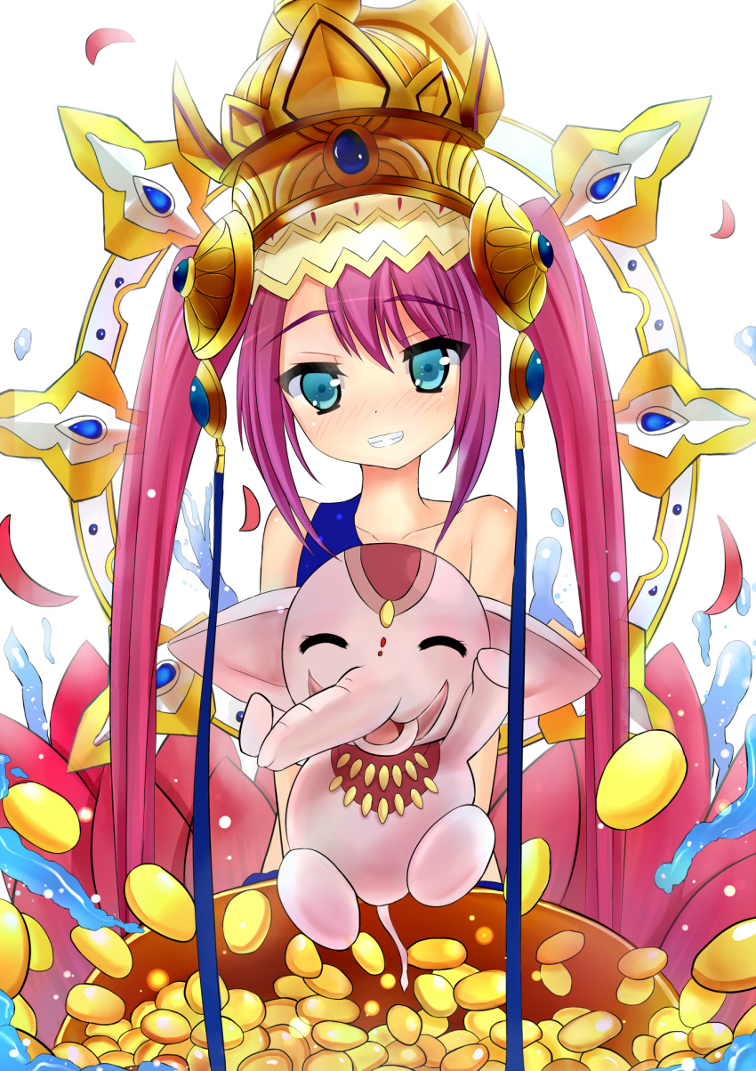 1girl, ^_^, arm_up, bare_shoulders, closed_eyes, elephant, flower, grin, hat, highres, lakshmi_(p&amp;d), long_hair, lotus, pink_hair, puzzle_&amp;_dragons, silver_haha, smile, solo, twintails